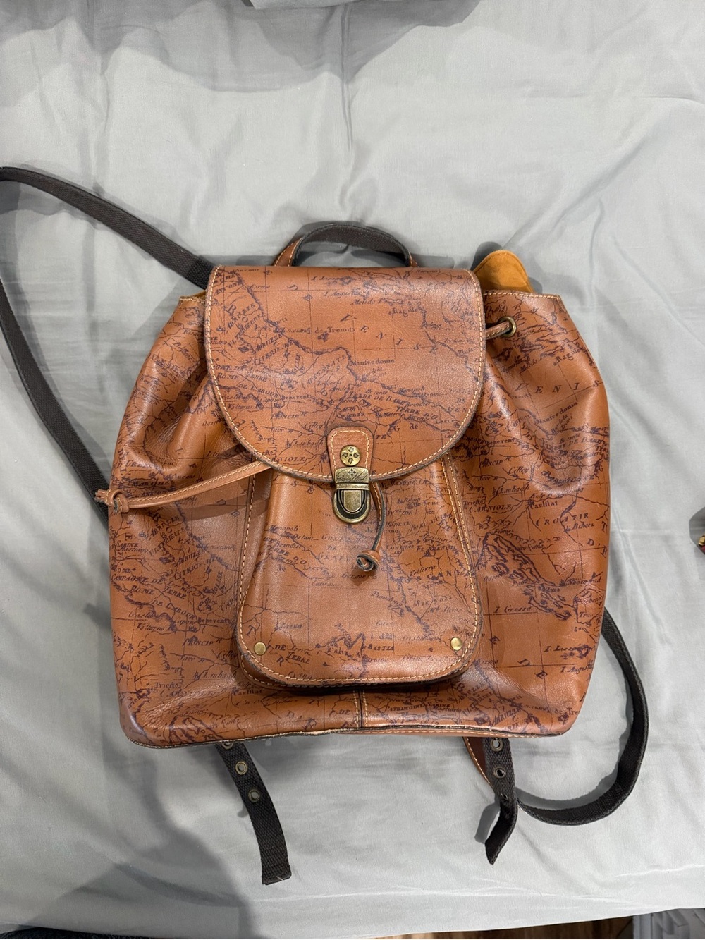 Patricia Nash Tan Brown Map-Print Leather Backpack